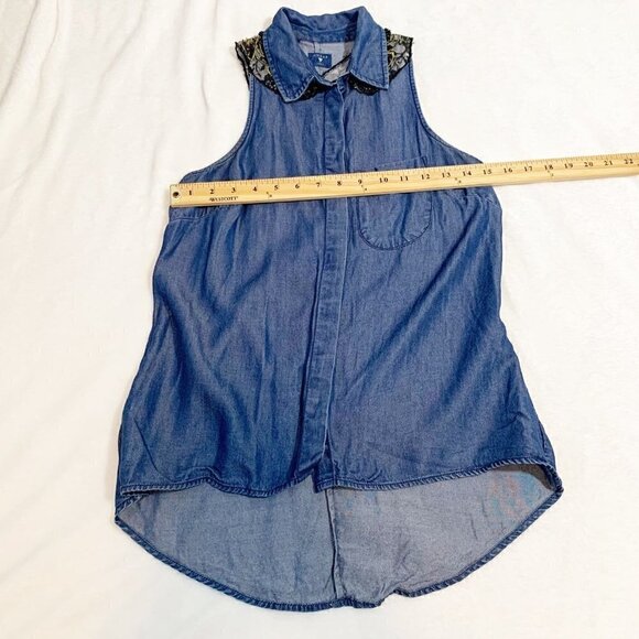 Guess angel wing beaded lace collared chambray button down shirt top blouse - Picture 7 of 8